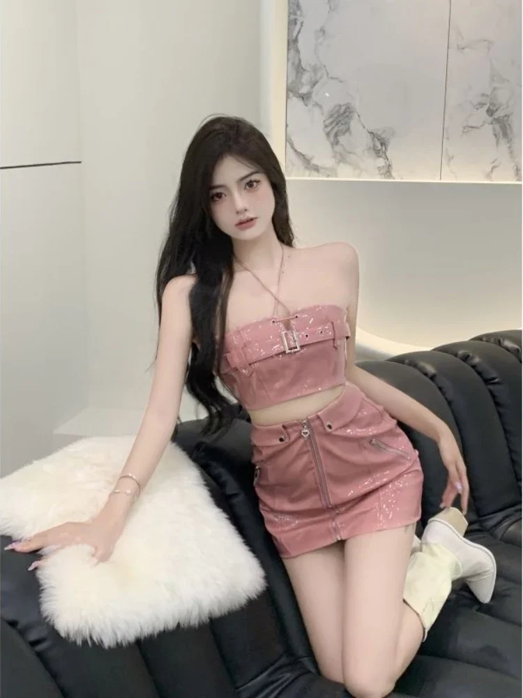 Gyaru Matching Sets Tube Top Bandage Crop Tops High Waist Mini Skirts Y2k 2000s Female Slim Design PU Leather Girl Two Piece Set