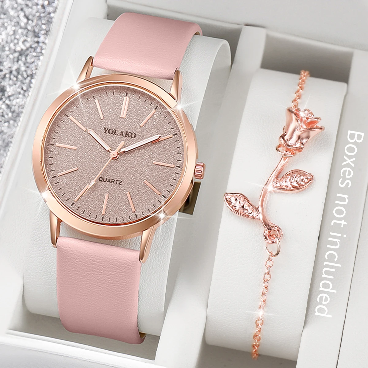 2PCS/Set Fashion Women's Watch Leather Band Analog Quartz Watches Flower Bracelet Set（Without Box）