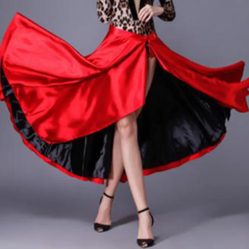 2 Sides Performance Dancing Cloth Women Red Black Hook Loop Spanish Flamenco Skirt Plus Size Female Gypsy Girls Satin Silk Dress