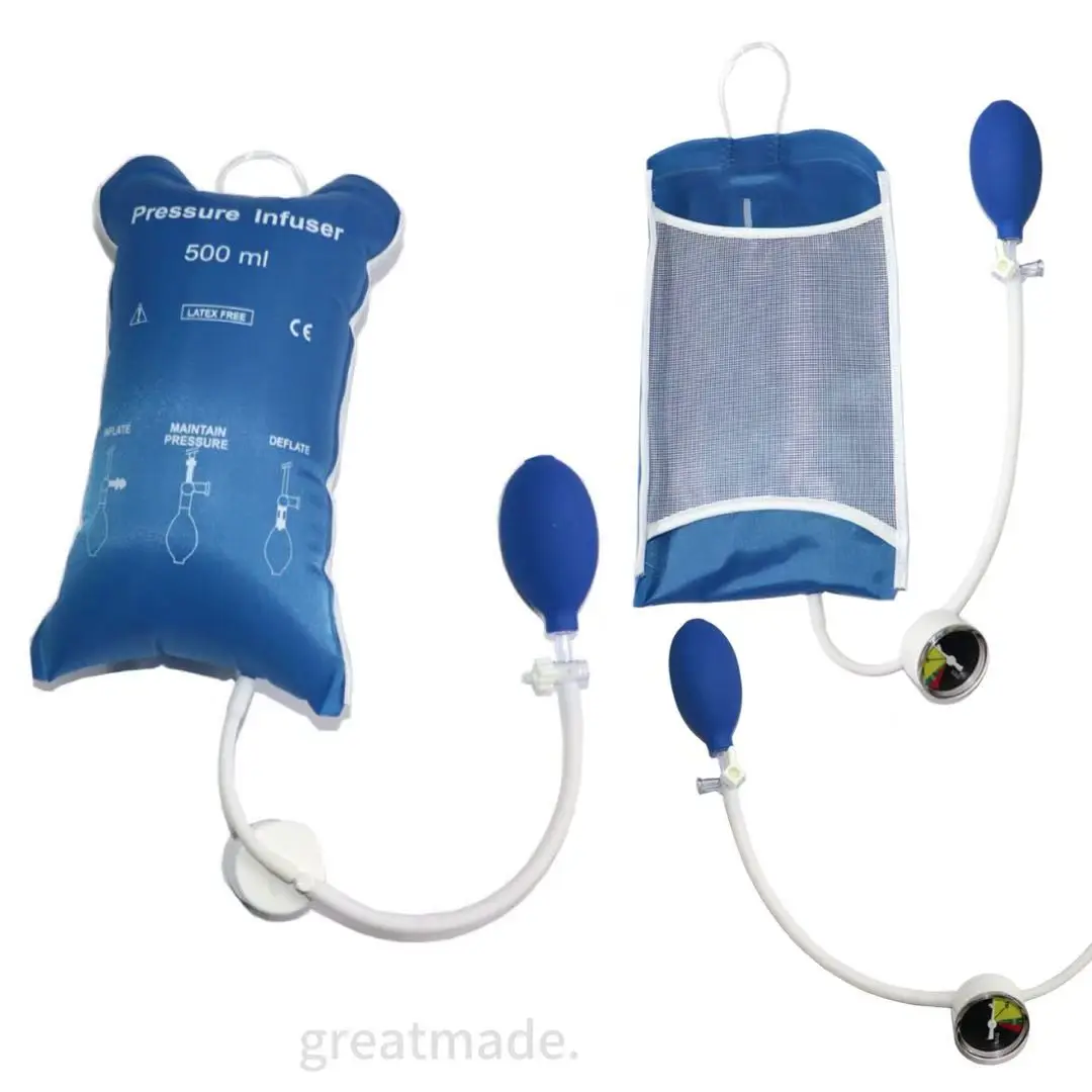Single Tube Medical Pressure Infusion Bag with Blue Bulb, Pressure Gauge for Emergency Blood Transfusion
