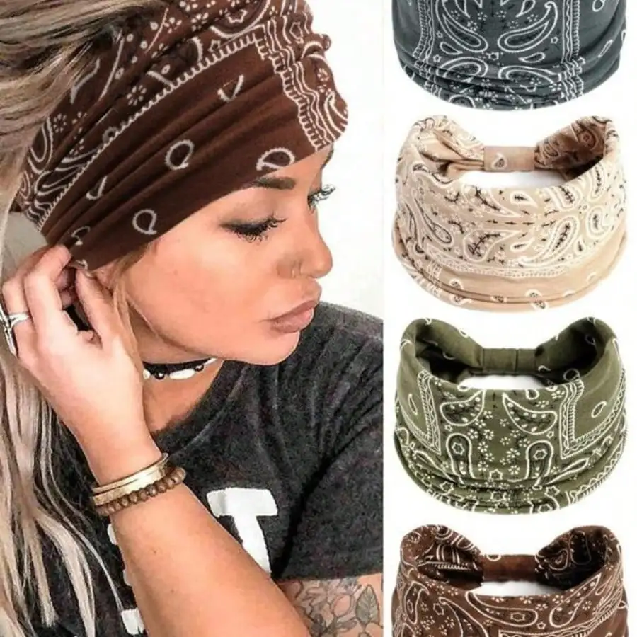 

4pcs Paisley Pattern Knot Design Hair Band, Boho Wide Elastic Knotted Headband For Gym Workout, Hair Accessories For Yoga Wear, Dance, Mothers Day Gift Ideas, Gifts For Wife, Zigzag Headband For Camping