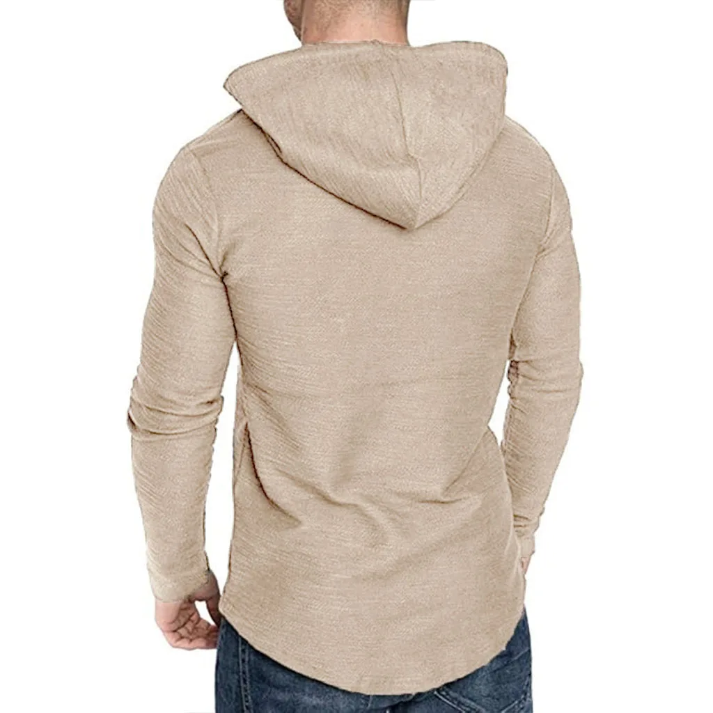 Herren-Langarm-T-Shirt mit Kapuze, Kordelzug, Baumwolle, lässig, gemütlich, einfarbig, schmale Passform, für Herren, Sport, Fitness, atmungsaktiv – Detail 18
