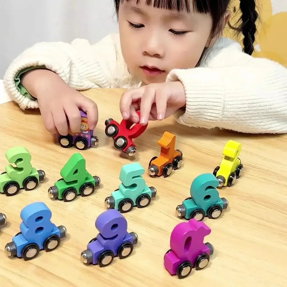 Wooden Number Train Set Toy Includes 1 Engine Cars for Toddlers Boys and Girls, Compatible with Major Brands Train Set Tracks