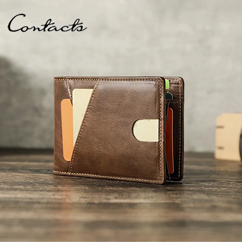 

CONTACT'S Retro Genuine Leather Wallets Men RFID Thumb Card Slot Photo Holder Portable Money Clip Male Travel Gift Mini Purses
