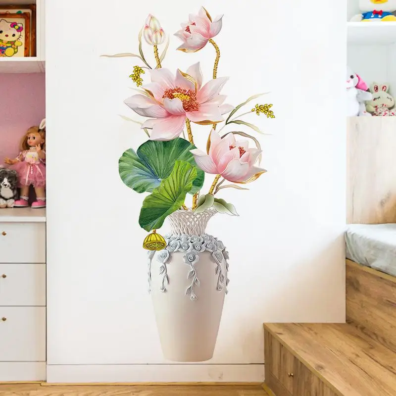 ~1pcs Romantic Lotus Vase Lotus Leaf Bedroom Living Room Porch Home Decoration Wall Stickers Self-Adhesive