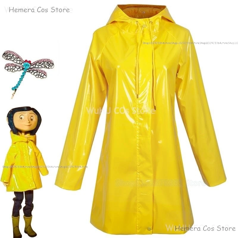 Horror Fairytale Movies Coraline Cosplay Costume Wig Yellow Coat Secret Door Adult Kid Size Halloween Party Scary Roleplay Suit