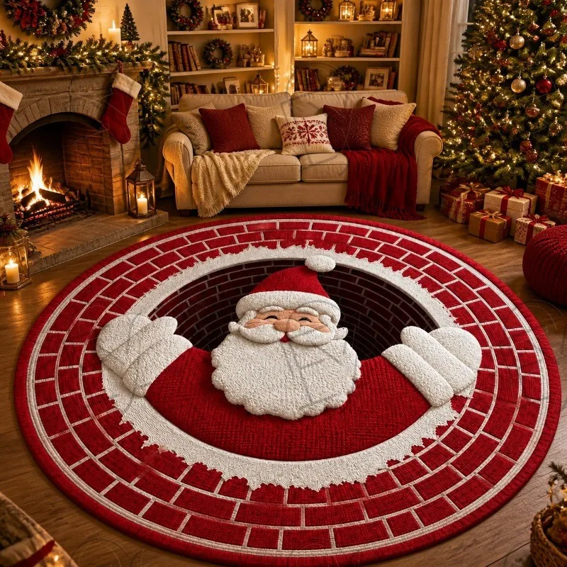 Optical Illusion Santa Claus Round Rug Creative Brick Wall Trap Door Circular Carpet Living Room Kids Play Mat Holiday