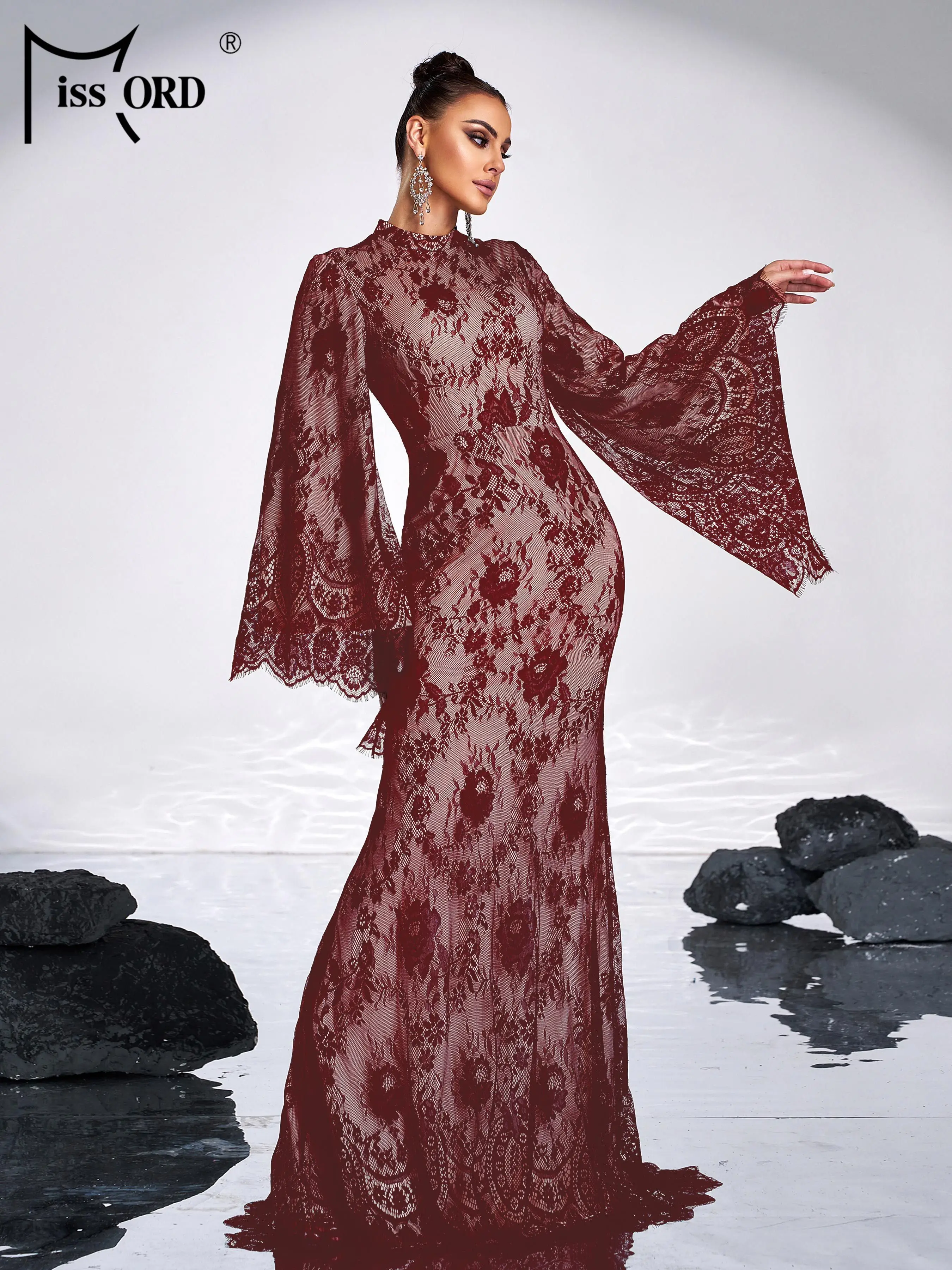 

Missord New Round Neck Flare Sleeve Tulle Mermaid Evening Wedding Birthday Party Formal Occasion Graduation Red Cocktail Dresses