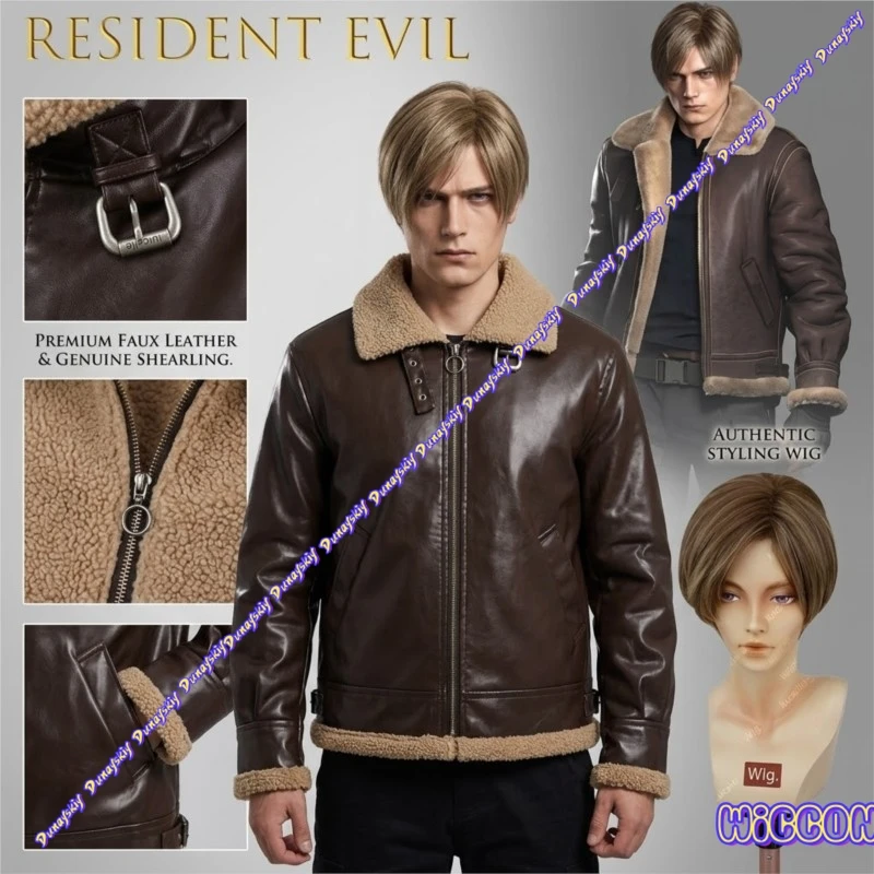 

Leon Biohazard RE 4 Cosplay Brown Faux Leather Jacket Full Costume Men Stylish Outfit For Halloween Scott Kennedy