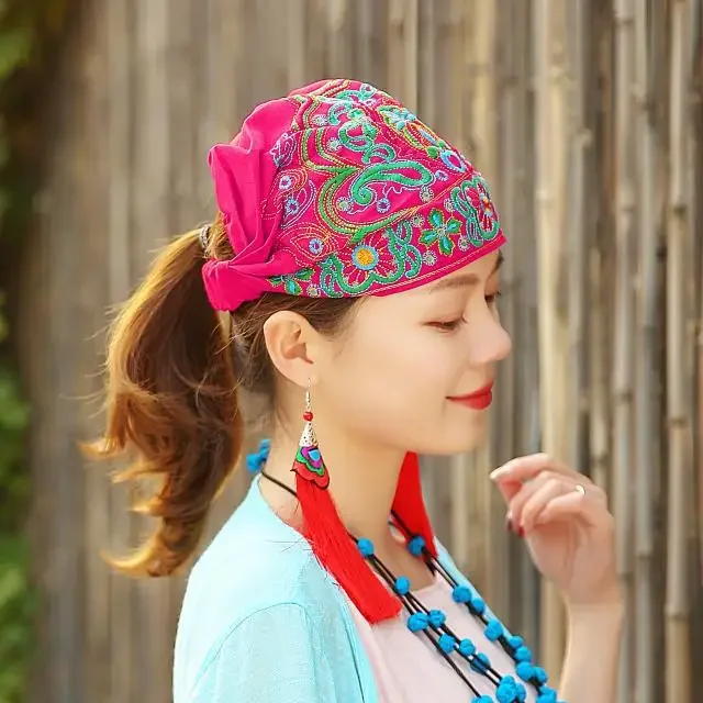Women Mexican Style Ethnic Vintage Embroidery Flowers Travel Bandanas Red Print Hat Winter Leisure Boho Hats for Women 5 Colors