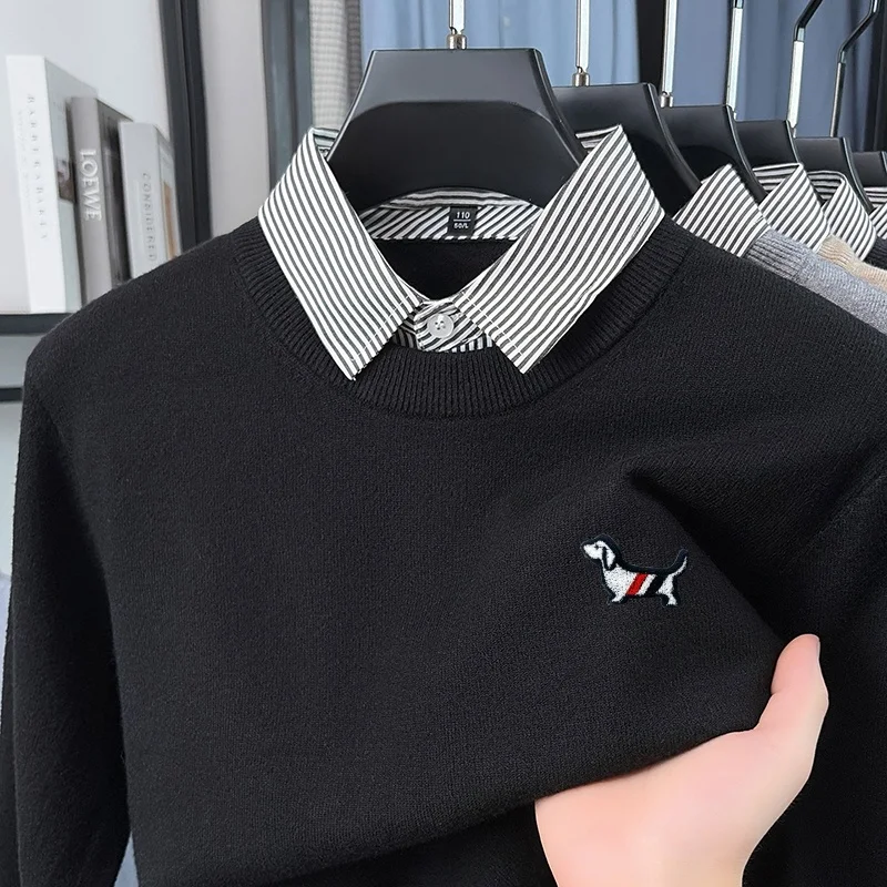 Men's O‑Neck Knitted Sweater Autumn Winter Fake Two-Piece Color Block Shirt Collar Long Sleeved Tops Business Casual Men's Wear