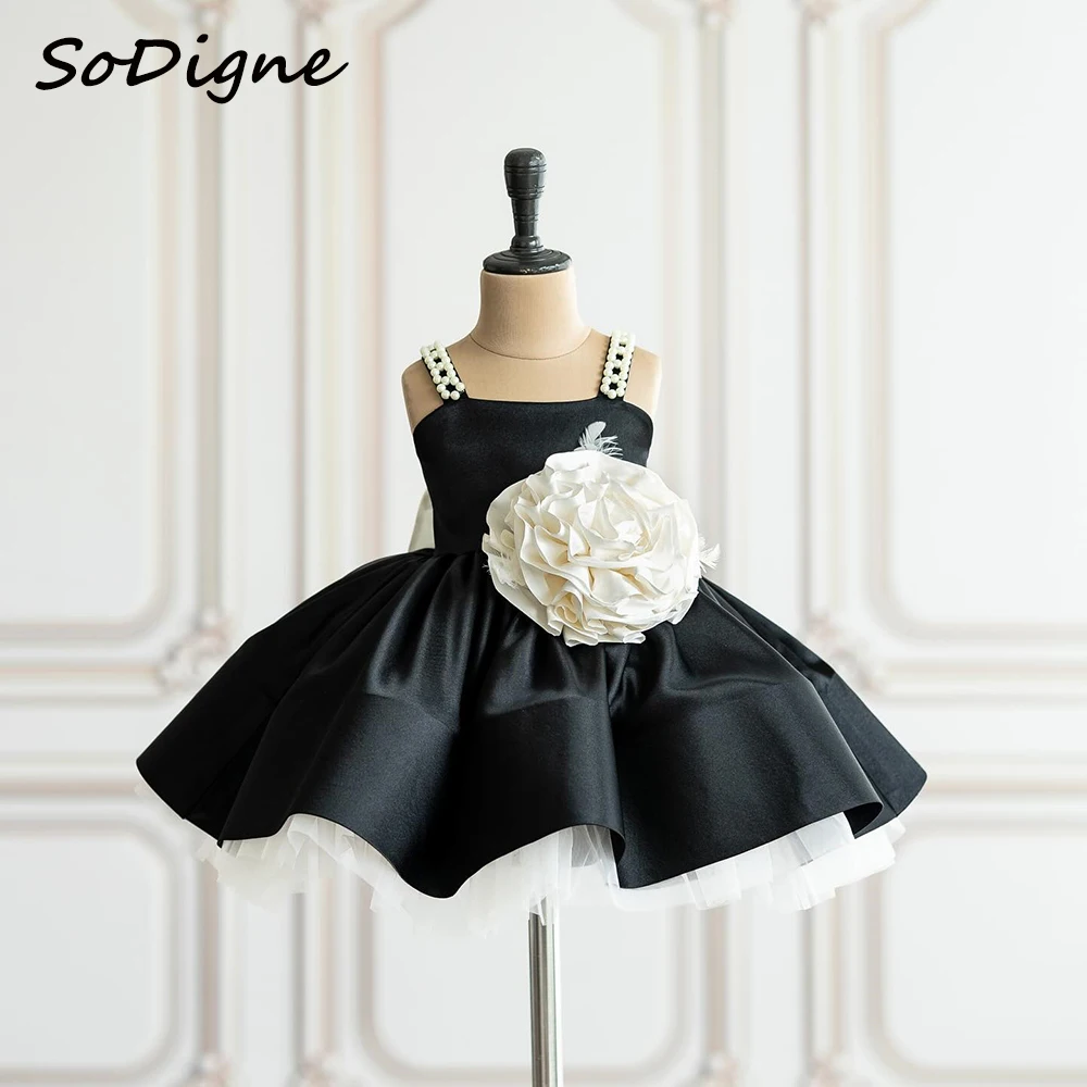 SoDigne A-line Simple Satin Flower Girl Gowns Square Neck Sleeveless Beading Girl Birthday Party Dresses with Bow Customized