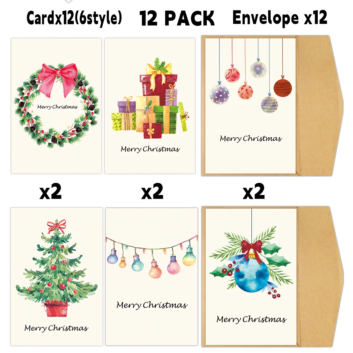 ​ 12 Stück Weihnachtsgrußkarten mit Umschlägen – Aquarell-Malerei-Design, Karte für saisonale Party-Einladung, Familie, Freund, Wunsch