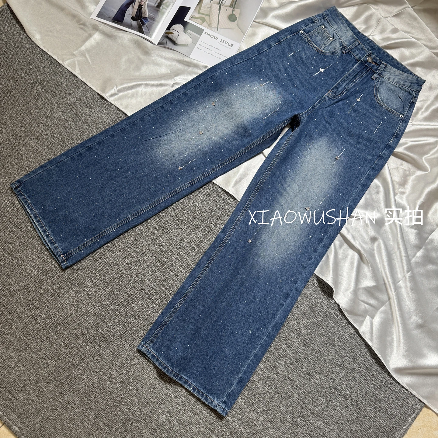 High Waist Wide Leg Sparkly Rhinestone Straight Jeans Women 2026 Spring Fall New Trendy Loose Petite Soft Slimming Denim Pants