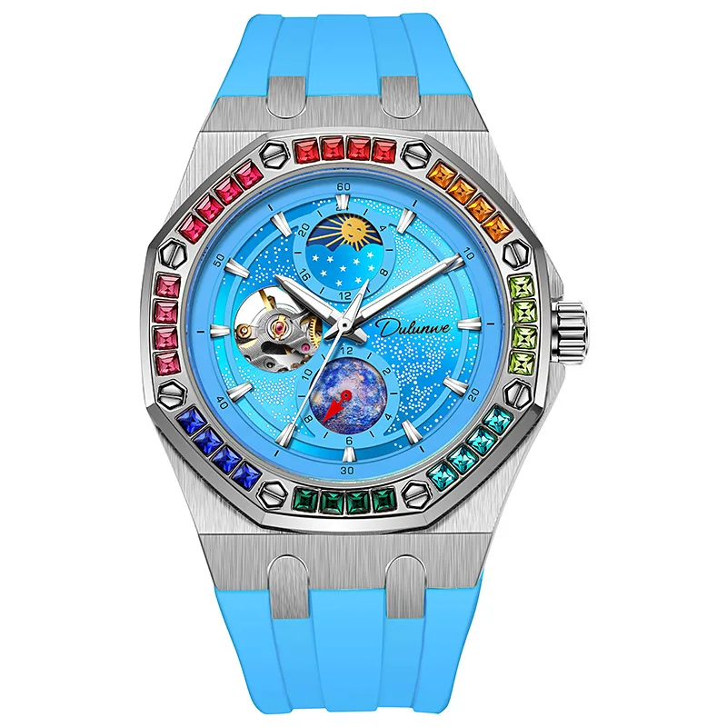 Men's Waterproof Luminous Rainbow Full Sky Series Watch with Stars And Moon Stainless Steel Mechanical Timepiece