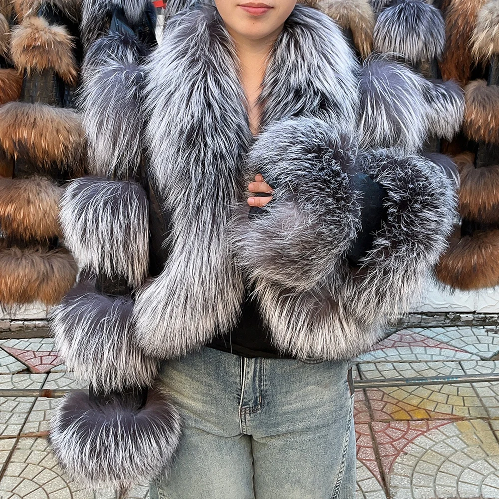 QUEENTINA 리얼 너구리 모피 코트 새로운 Outwears 겨울 여성 패션 럭셔리 자켓 악어 의류 천연 여우 모피 2024