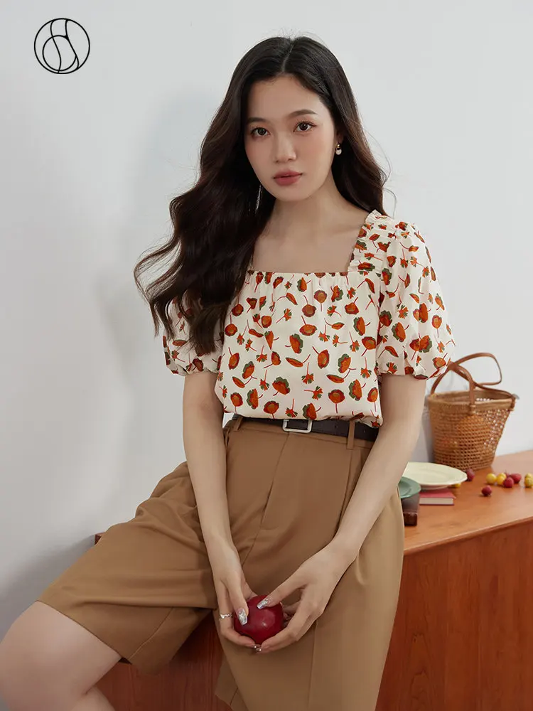 DUSHU Pastoral Style Sweet Printed Small Shirt for Women Casual Summer New Lantern Sleeve Square Collar Floral Shirt Top Female
