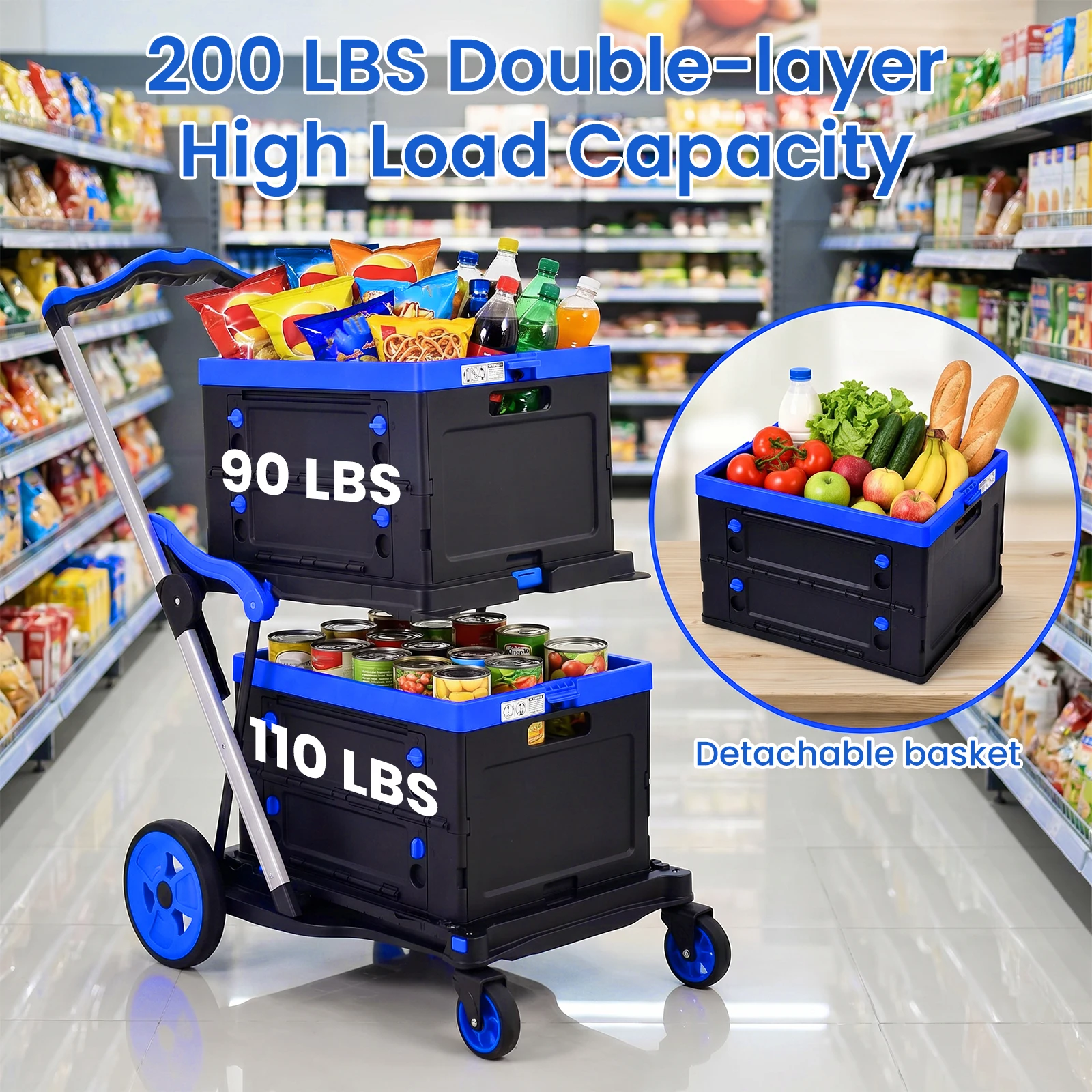 2 Tier 200 Lbs Foldable Shopping Cart, Heavy Duty Grocery Cart with 360° Braked Swivel Wheels – Portable Utility Shopping Trolley for Home, Office, Warehouse, Supermarket