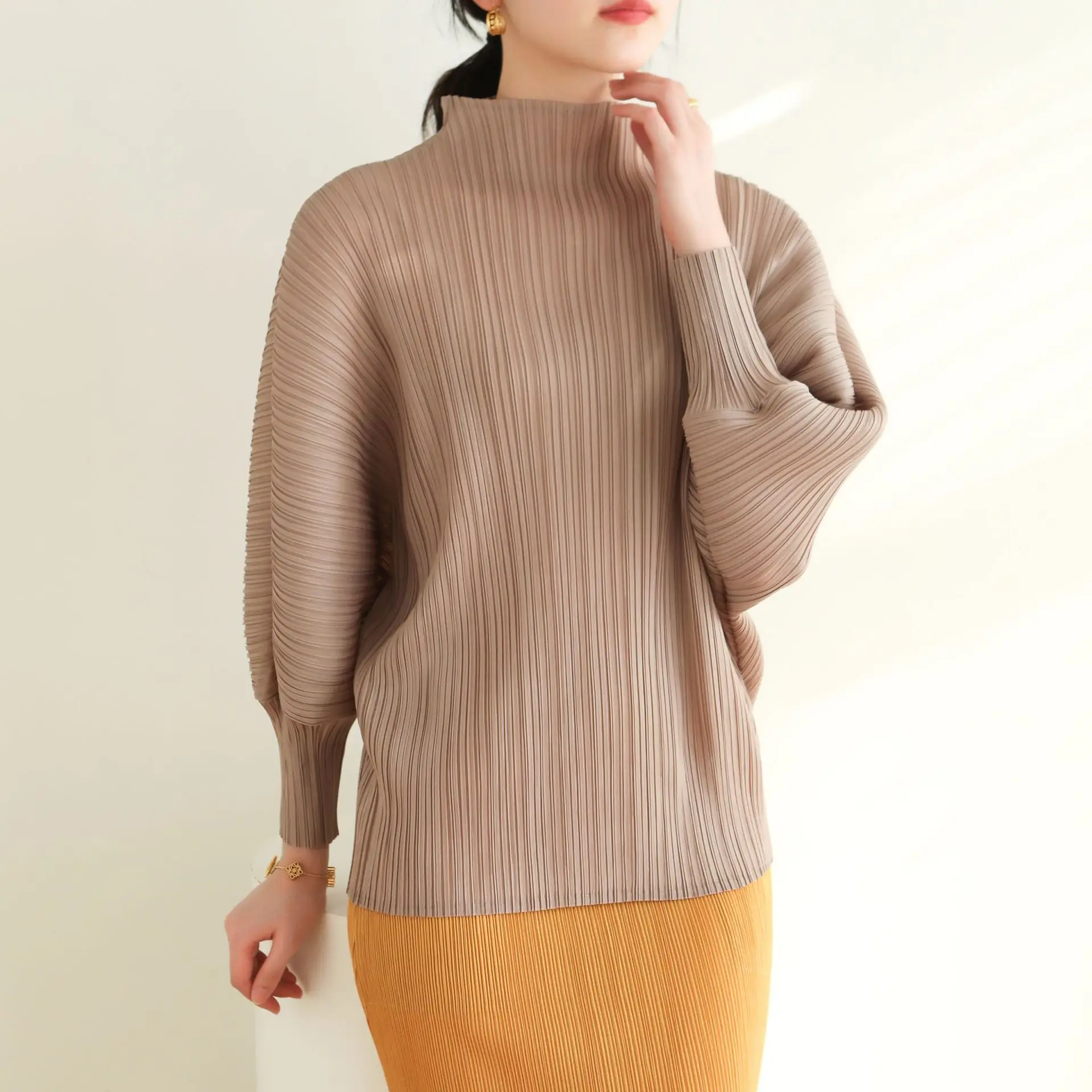 

Miyake Pleated Half-high Collar Lantern Sleeve Tops Women Causal Korean Fashion T-shirt