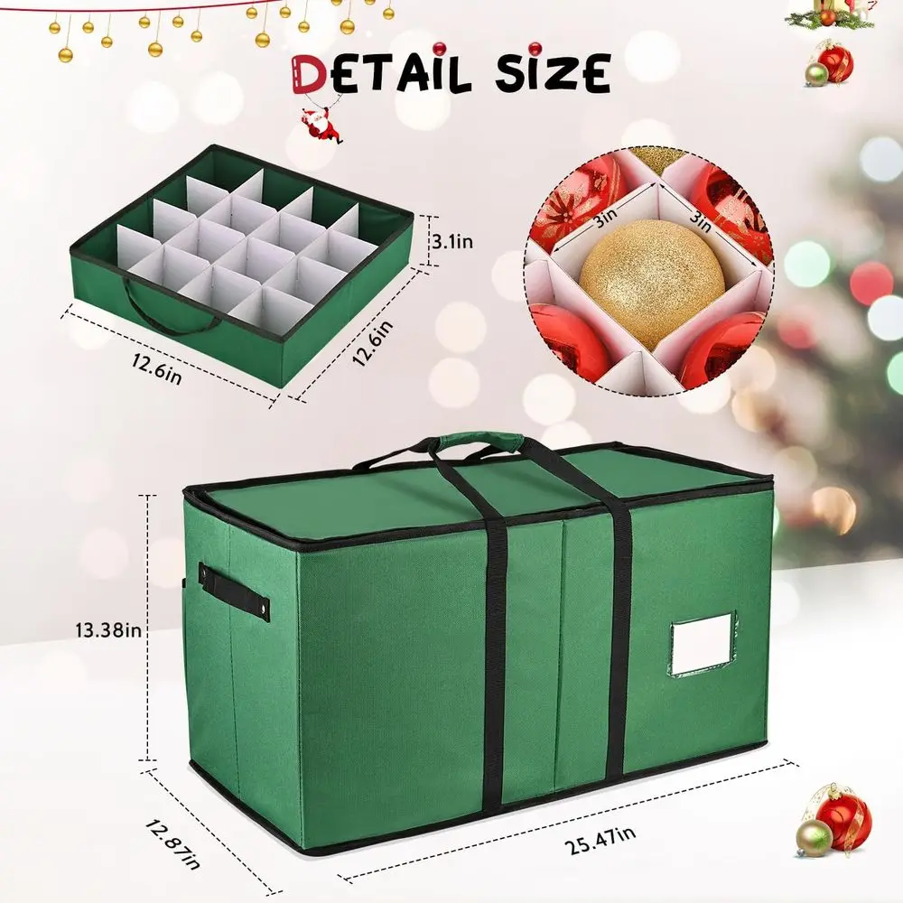 منظم زينة عيد الميلاد باللون الأخضر مكون من 8 صواني - يحمل 128 زينة، 3 بوصة، إغلاق بسحاب مزدوج، صندوق تخزين متين 600D