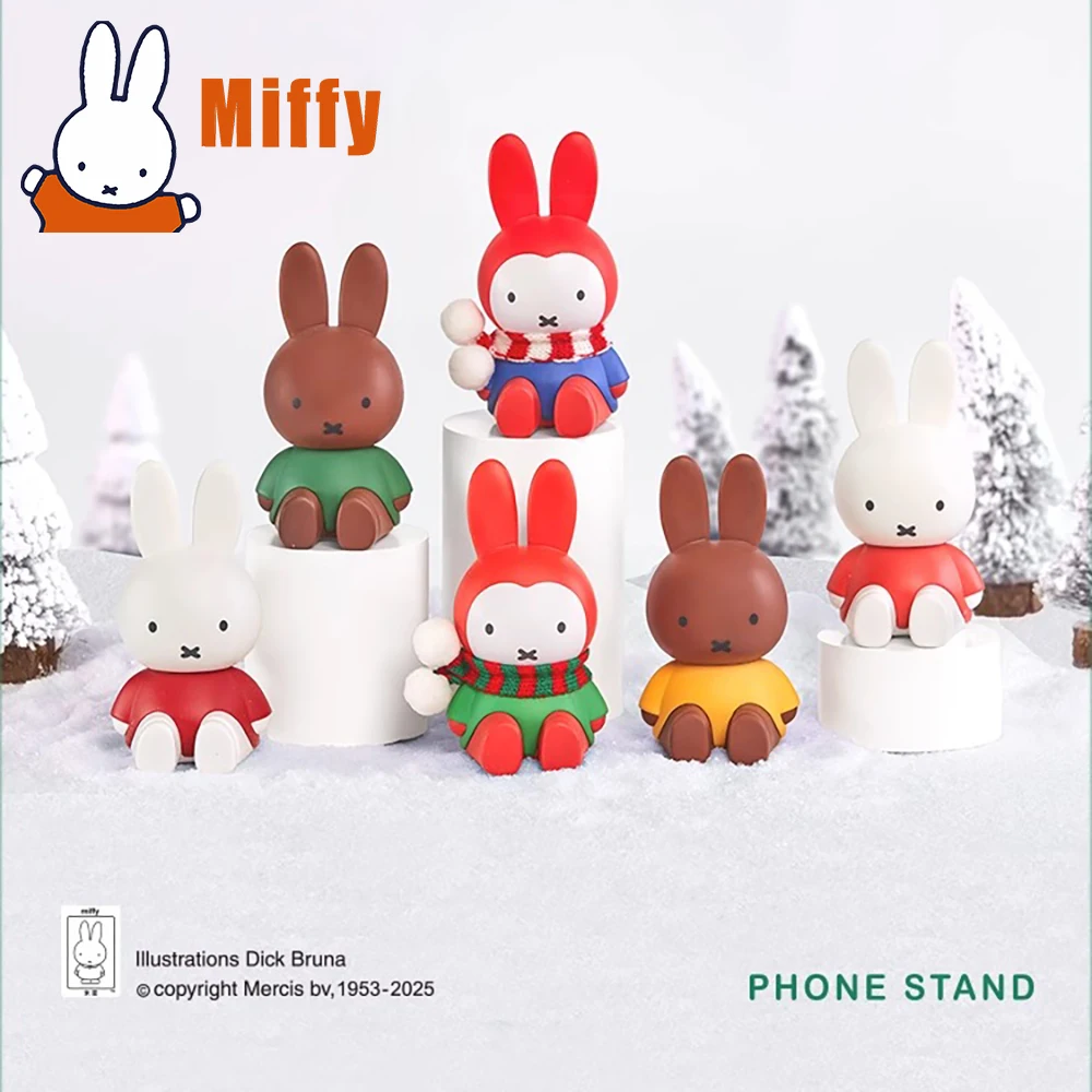 Soporte telescópico para teléfono con tema de invierno Kawaii Miffy, caja ciega, figura de conejo bonita, colección de adornos de invierno de PVC para escritorio, regalo para niña
