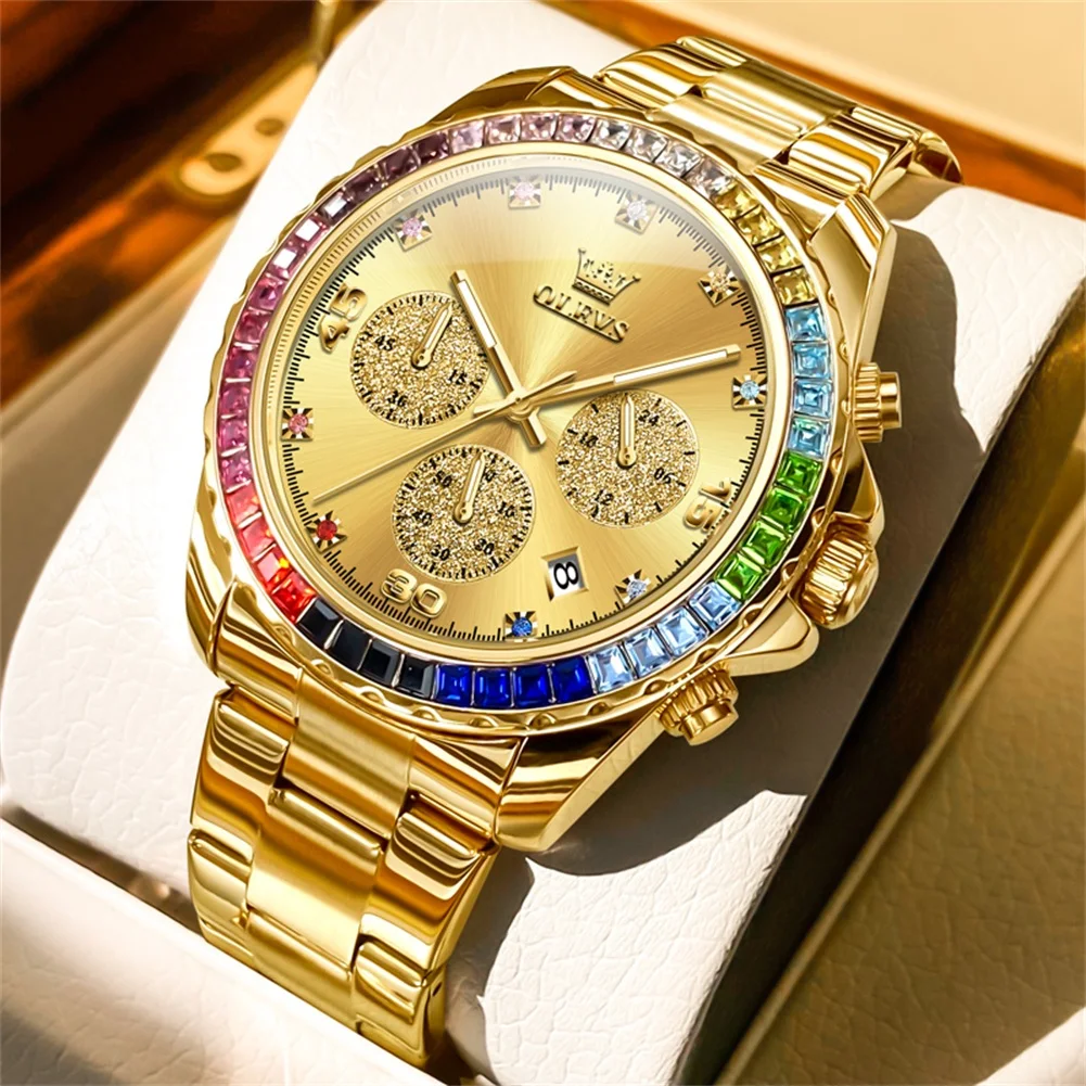 Uhr für Männer OLEVS Regenbogen Edelstein Lünette Business Luxus Top Marke Quarz Uhren Wasserdichte Sport Uhren reloj hombre 4