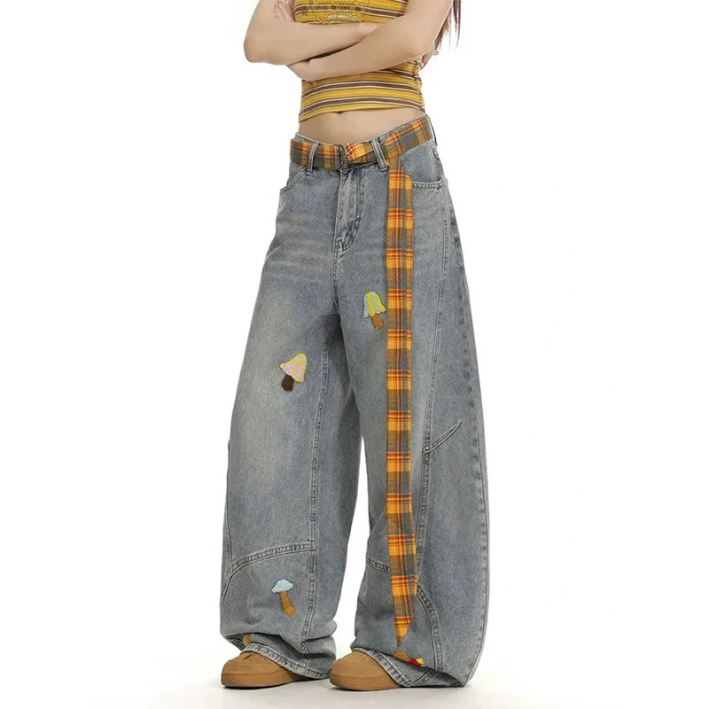 Y2K American Cartoon Print Women Jeans Autumn High Waist Streetwear with Lace Up Wide Leg Pants Loose Embroidered Denim Trousers