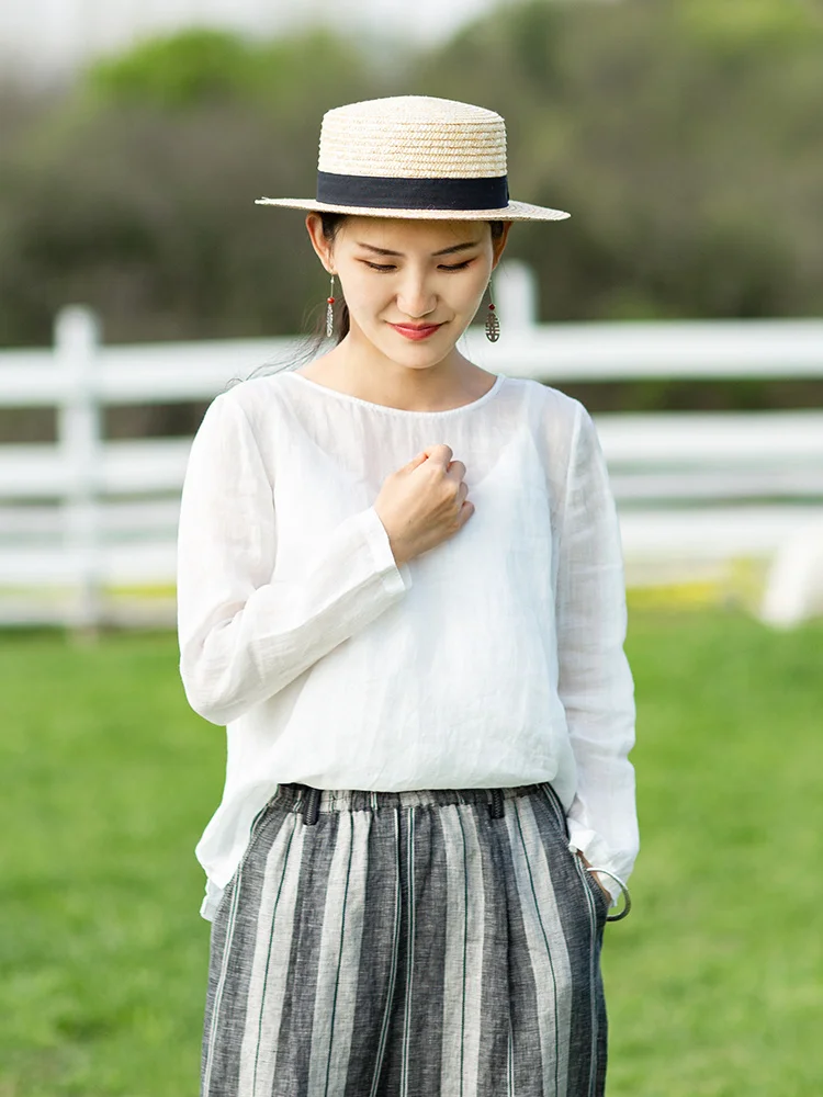 

Wanheng H407 2023 Spring Summer 00% Flax Lightweight Long Sve round Ne T-irt Cover up White Cotton Linen Blend Top