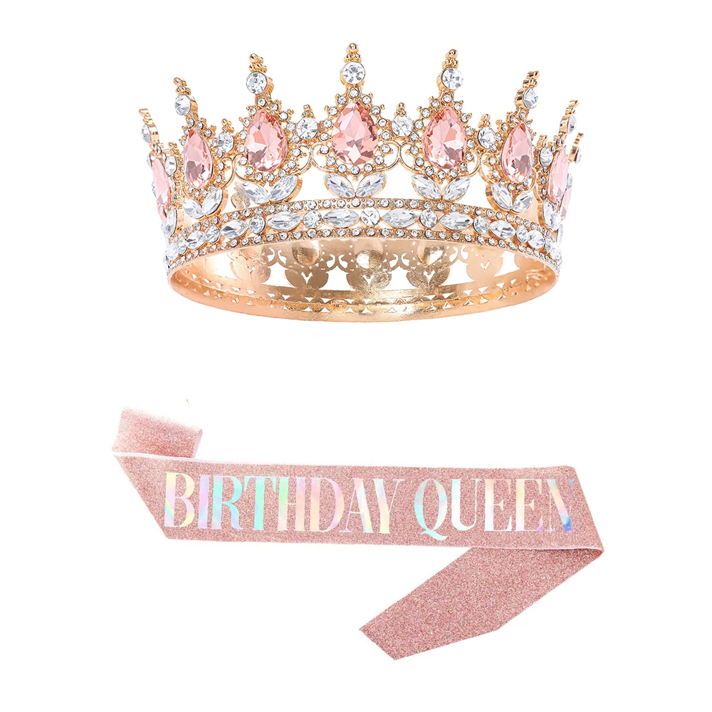 2 pcs แฟชั่นคริสตัล Rhinestone รอบ Tiaras และ Crowns สําหรับผู้หญิง "BIRTHDAY QUEEN" สายคล้องไหล่ชุดอุปกรณ์เสริมผม
