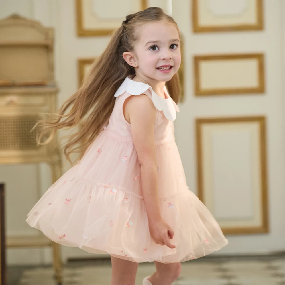 Dave Bella Children Princess Mesh Dress Embroidery Girls Summer Sleeveless Dress with Bag Kids Sweet Party Clothes DB2261510