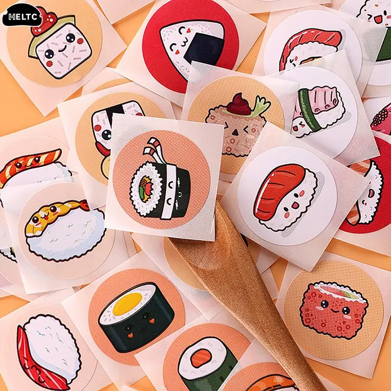 1Roll /500sheets Circular Cartoon Sushi Pattern Sticker Birthday Wedding Decor Sticker Baked Dessert Lunch Box Label Sticker