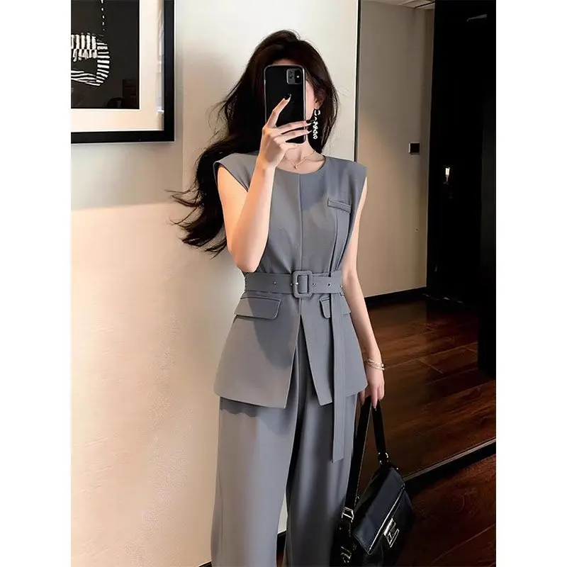 

Fashion temperament commute two-piece set women's spring and summer new round neck vest with belt+high waist wide leg pants