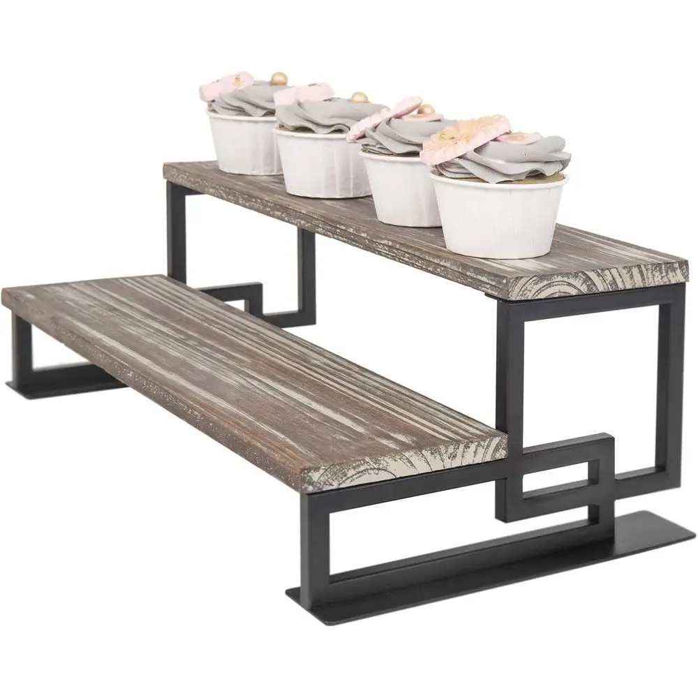 2단 토치드 우드 및 메탈 디저트 디스플레이 라이저