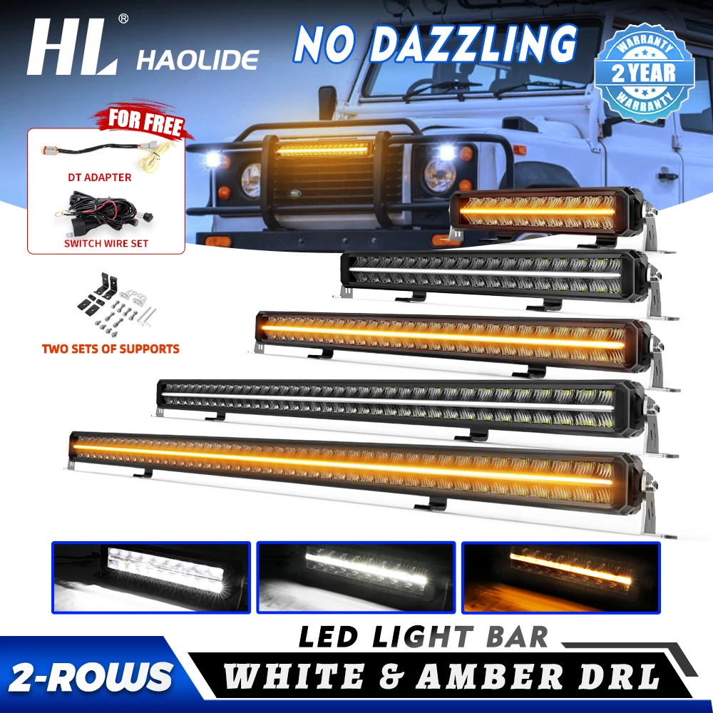 HL 10-52 Inch LED Light Bar 2Rows Anti-Glare LED Light Bar with White&Amber DRL Spot Flood Driving Beams for ATV off-road use