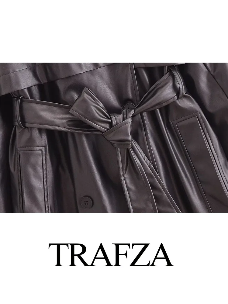 TRAFZA 2024 Female High Street Windbreaker Black Turn-Down Collar Long Sleeve Belt Double Breasted Autumn Coats Woman Trendy