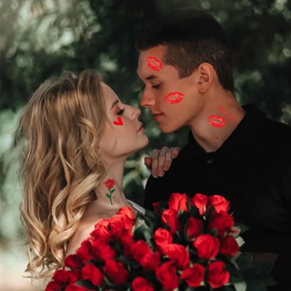 10PCS Valentine's Day Temporary Stickers Red Love Rose Lips Kiss Heart Fake Decals Waterproof Themed Decorations Supplies