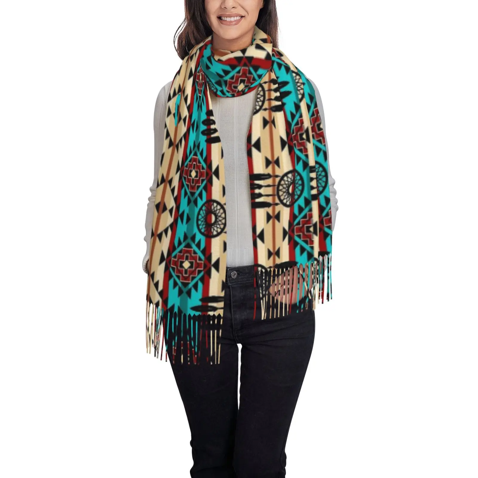 Women Ethnic Tribal Geometric Print Shawl Scarf, Tassel Large Wrap, Soft Fashion Ladies Bohemian Cape Scarves