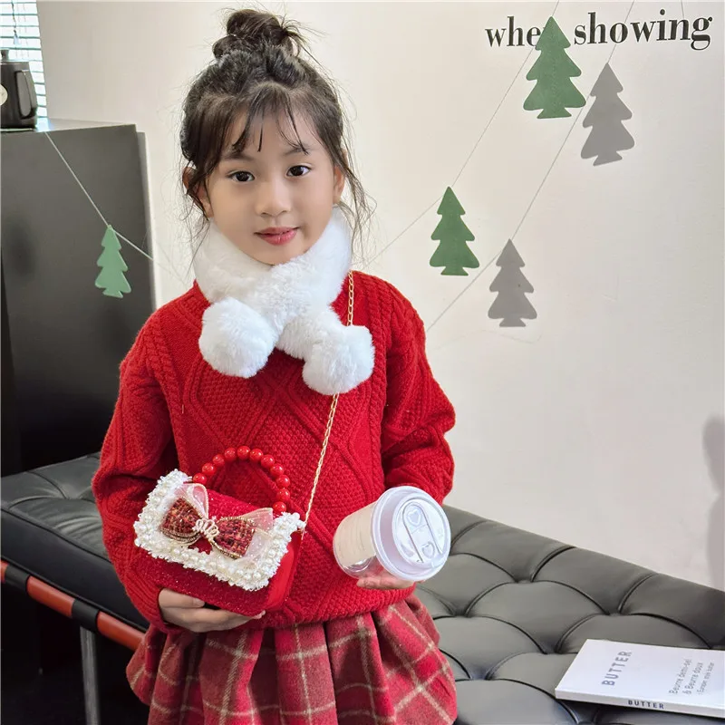 Cute Crown Bowknot Baby Girls Red Crossbody Bags Pearl Handle Children's Small Shoulder Bag Plaid Princess Clutch Purse Handbags