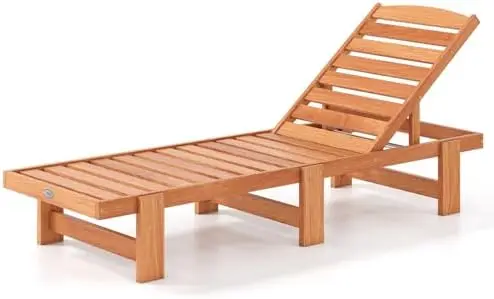 Solid Wood Chaise Lounge, Outdoor Lounge Chair Teak Oil Finished | 5-Position Adjustable Backrest, Wooden Patio Lounger
