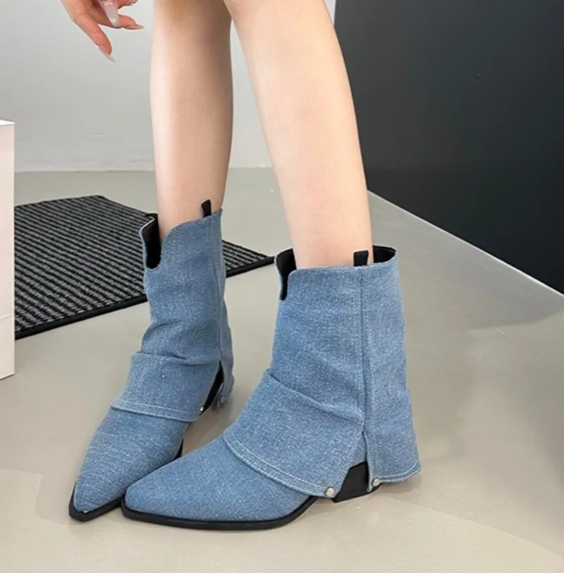 French Retro Pointed Toe Western Cowboy Boots Women's New Fall Little Heightened Non-slip Short Leg Pants Tube Boots