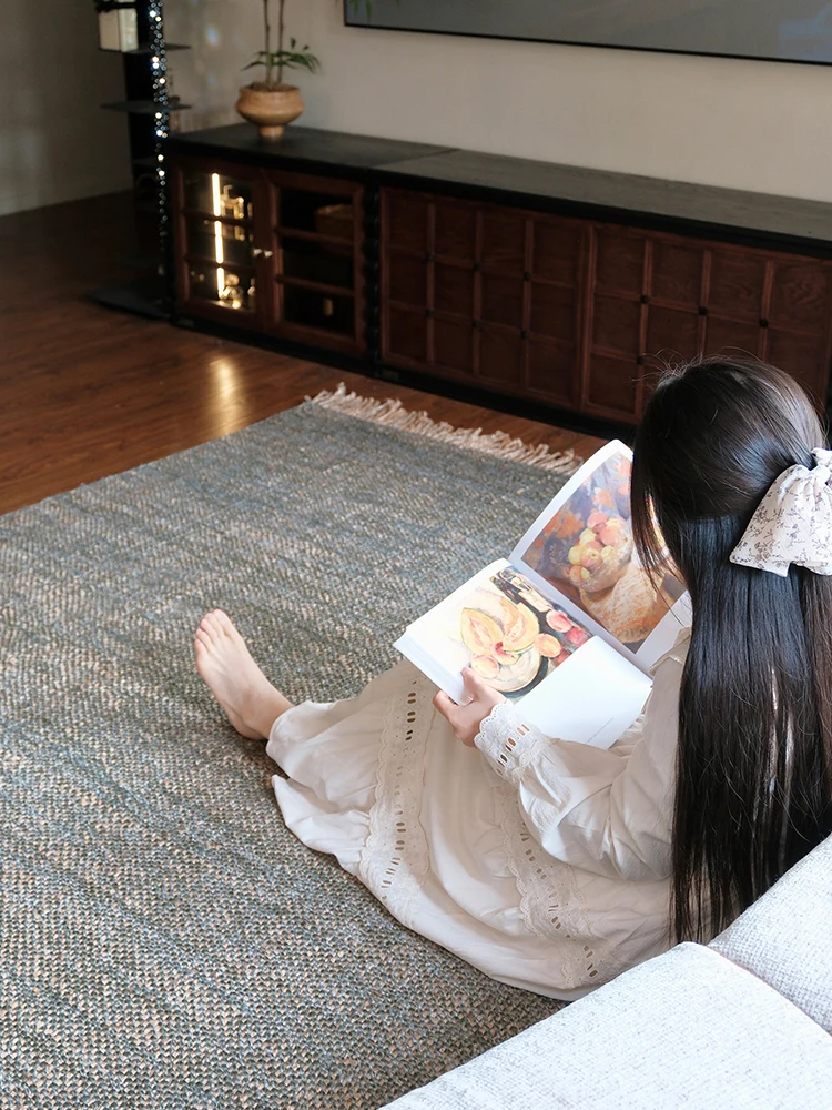 Retro Chinese Style Wool Jute Carpet Living Room Solid Color Hand Woven No Glue Area Rug Bedroom Tassel Luxury Bedside Mat