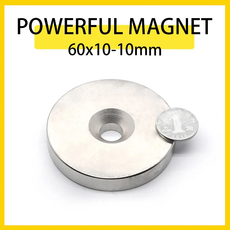 

1/2/3PCS 60x10-10mm N35 NdFeB Countersunk Round Magnet Super Powerful Strong Permanent Magnetic imanes Disc