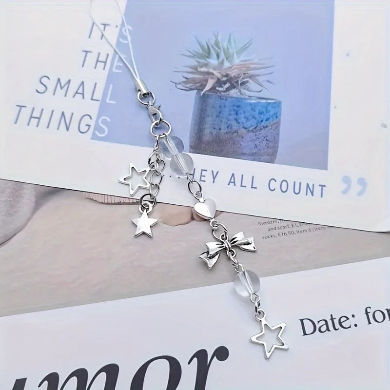 Silver Bow Star Phone Charms Pendant Key Chain For iPhone Samsung Cute Accessories Women Girl Strap Lanyard Beaded Ins Korea
