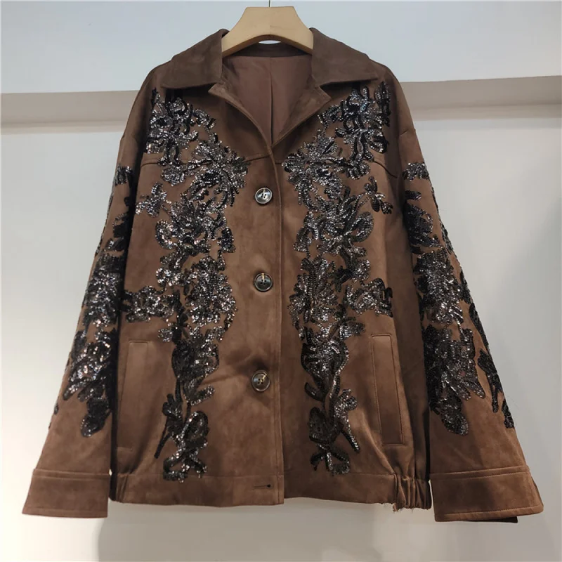 QICHE QICHE 2026 Women Coffee Faux‑Suede Outerwear Heavy‑Craft Sequin‑Embroidered Lapel Single‑Row‑Button Loose Retro Jacket