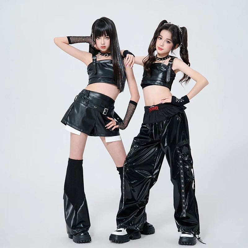 Coole Hip Pop Dance Kostüme Mädchen Gruppe Samba Dance Outfit K POP Street Bühnenkleidung Schwarzes Leder Jazz Dance Kostüm XH2609