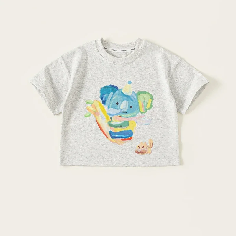 

2025 New Summer Children's Round Neck Solid Color Cartoon Printed Short Sleeve Top