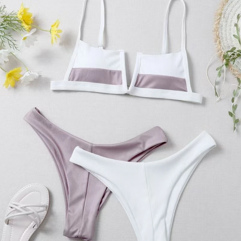 Letni Bikini na plażę kombinezon niebieski seksowny biustonosz z głębokim paskiem na ramię w szpic z niską talią oddychające majtki dwuczęściowy