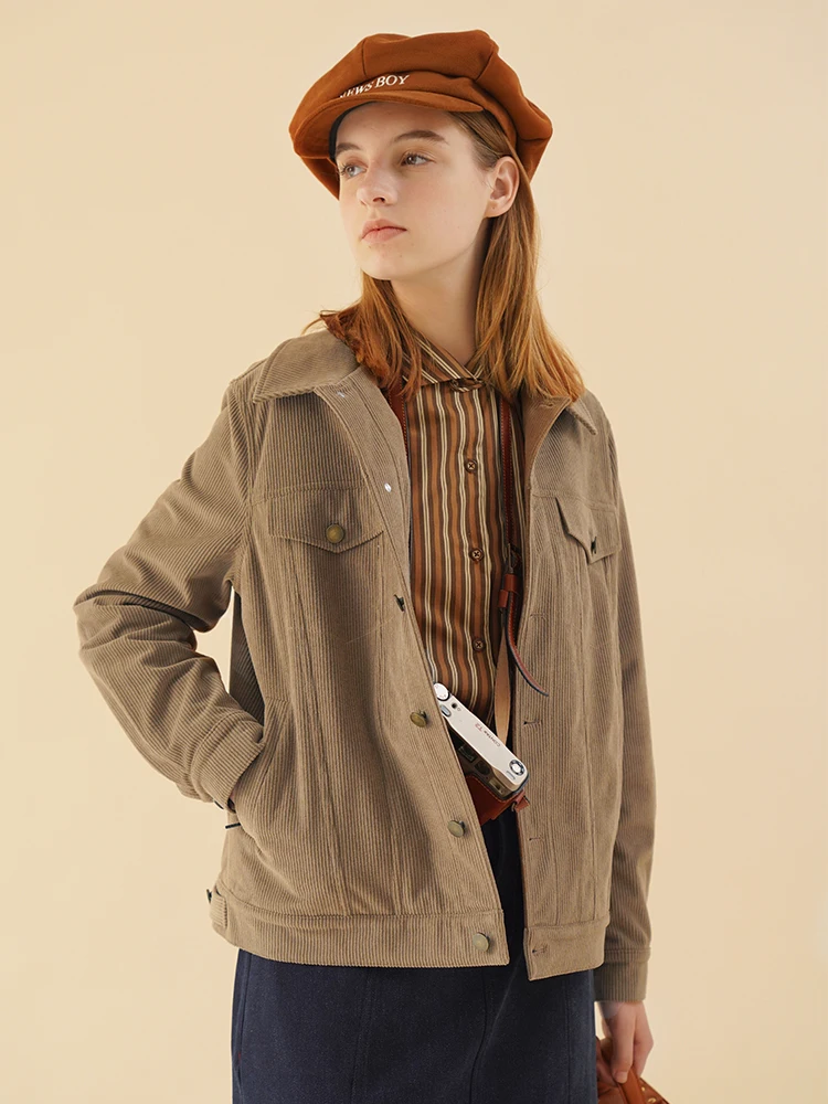 

Куртка свободного кроя из вельвета с флисовой подкладкой, цвет ECRU SOLI, чисто белая, осенне-зимняя, в американском ретро-стиле, светло-коричневая, верхняя одежда