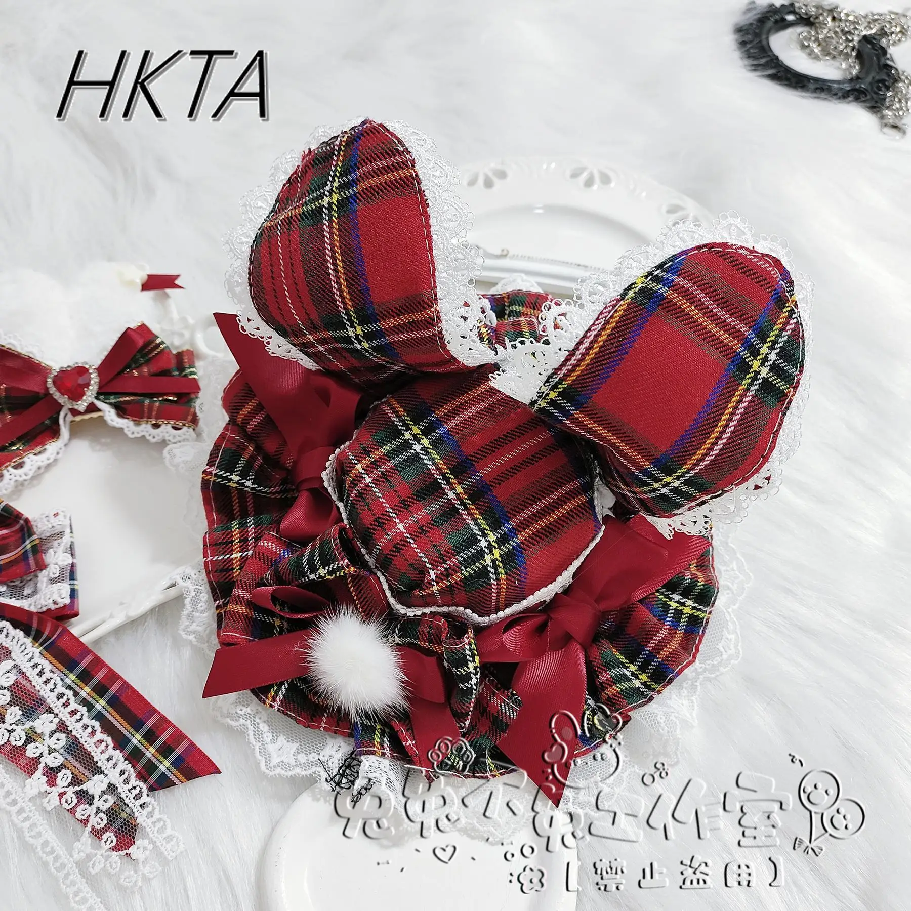 Lolita doux mignon noël nouvel an rouge Plaid chapeau Kc cheveux accessoires femmes Kawaii dessin animé dentelle couture arc épingles à cheveux fille
