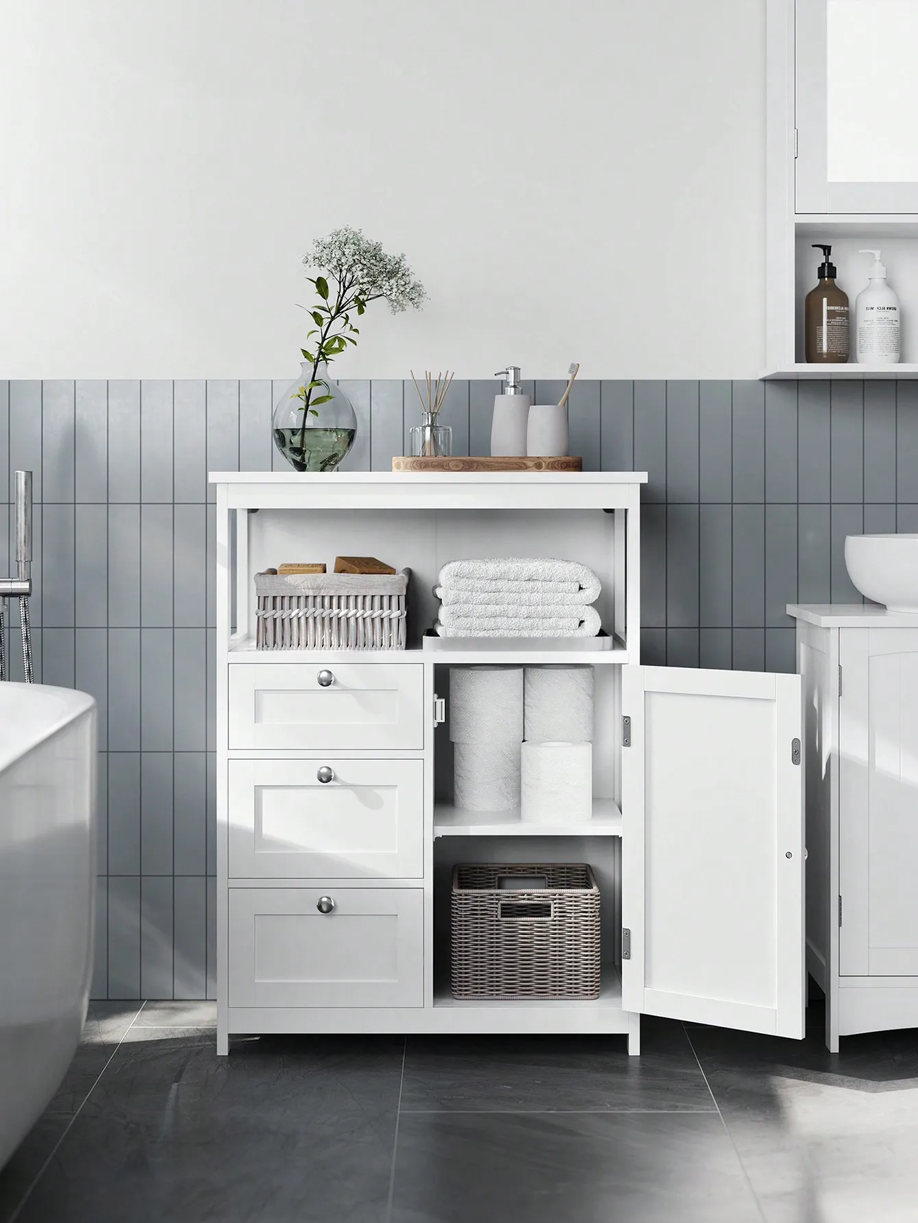 VASAGLE Bathroom Storage Cabinet, 3 Drawers, Freestanding, Adjustable Shelf, 30 x 60 x 80 cm, Cloud White